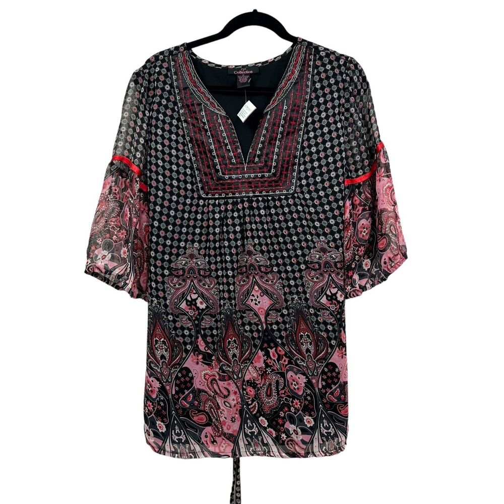 PINK Collection Women Tunic Top V Neck Sheer 3/4 Sleeve Lined Back Tie Black 1X*